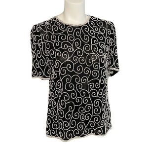 LAURENCE KAZAR Vintage Black Silk Top White Pearl‎ Beading Evening Blouse PS